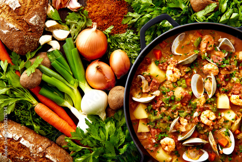 Spanish seafood stew Zarzuela with shrimp, clams and vegetables in a dark pan on a table surrounded by fresh ingredients for its preparation. Top view, close-up.