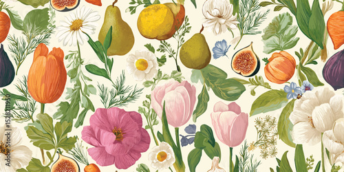 Abundant Botanical Floral Fruit Seamless Pattern. Harvest Nature Food Design for trendy design, textile, packaging, fabric, wallpaper, branding, stationery, wrapping paper interior decor.
