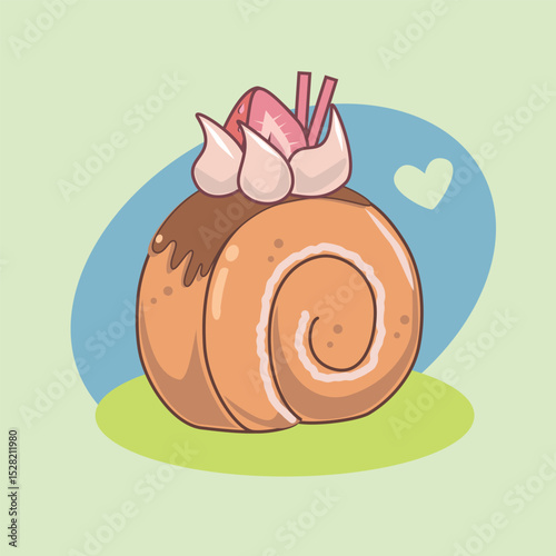 Sweet cartoon Swiss roll cake with chocolate topping, cream, strawberry slice, and cinnamon sticks, set on a pastel background with heart, perfect for dessert and bakery designs.