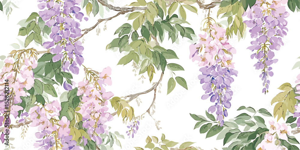 Elegant Wisteria Floral Blossom Seamless Pattern. Delicate Botanical Nature Design for trendy design, textile, packaging, fabric, wallpaper, branding, stationery, wrapping paper interior decor.