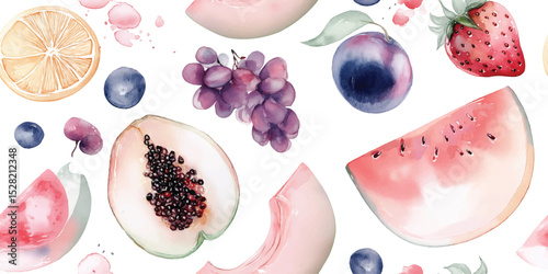 Vibrant Watercolor Summer Fruits Seamless Pattern. Fresh Healthy Garden Produce Design for trendy design, textile, packaging, fabric, wallpaper, branding, stationery, wrapping paper interior decor.