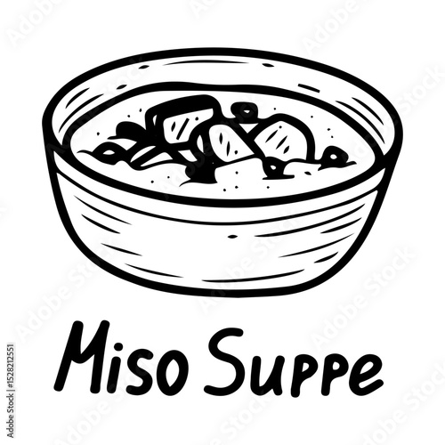 Bowl of miso soup. Hand drawn doodle vector. Traditional Asian food. Seaweed, tofu pieces, green onion. Restaurant menu. Illustration line art element.