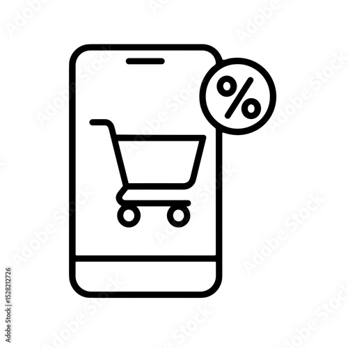 Smartphone with cart and percent symbol representing mobile sale – outline icon