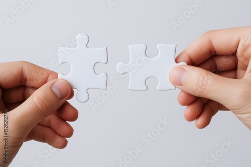 Two hands hold white puzzle pieces about to be connected against a plain background, symbolizing problem-solving or collaboration.