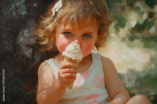 Painting of a little girl with blond hair and blue eyes eating an ice cream cone outdoors on a summer day