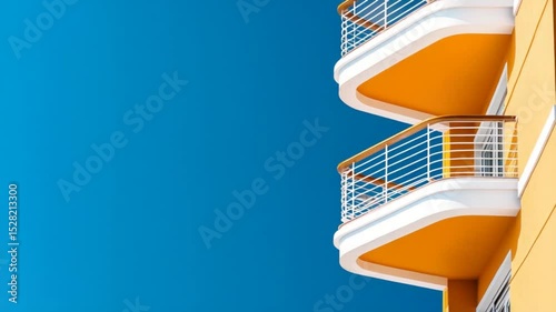 Modern architectural design featuring vibrant yellow balconies against a clear blue sky