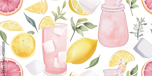 Refreshing Watercolor Pink Lemonade Seamless Pattern. Cool Summer Drink Citrus Design for trendy design, textile, packaging, fabric, wallpaper, branding, stationery, wrapping paper interior decor.