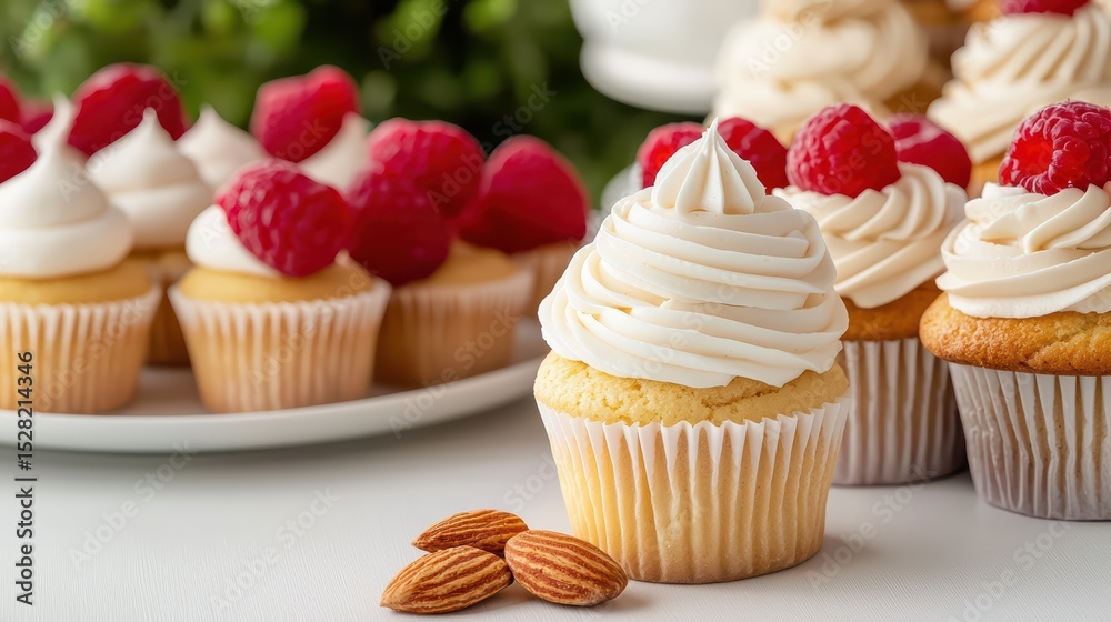 Delicious Vanilla Cupcakes with Whipped Cream Topping and Fresh Raspberries on a Light Background
