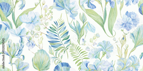 Elegant Blue Floral iris Hyacinth Seamless Pattern. Delicate Botanical Spring Bloom Design for trendy design, textile, packaging, fabric, wallpaper, branding, stationery, wrapping paper interior decor