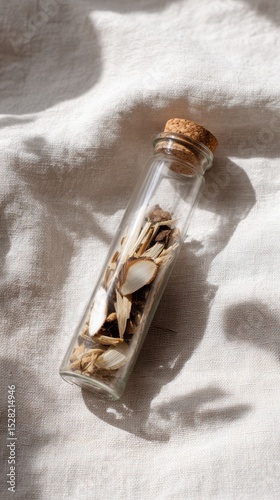 Transparent Glass Vial Cork Stopper Dried Thai Herbs Minimalist