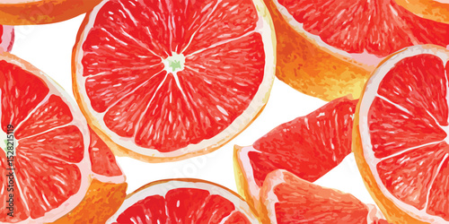 Vibrant Watercolor Grapefruit Citrus Seamless Pattern. Fresh Healthy Food Slice Design for trendy design, textile, packaging, fabric, wallpaper, branding, stationery, wrapping paper interior decor.