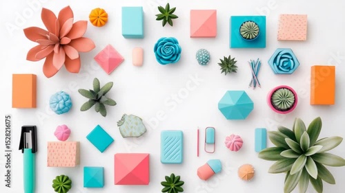 Colorful assortment of geometric shapes and plants arranged on a white background for creative use