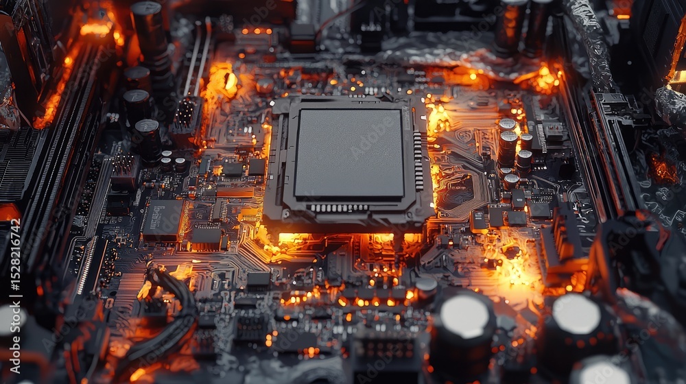 Fototapeta premium Close-up view of a computer circuit board with glowing components.