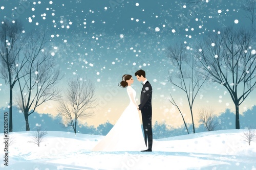 Bride and groom holding hands during their winter wedding ceremony, surrounded by snow and bare trees, creating a romantic and serene atmosphere