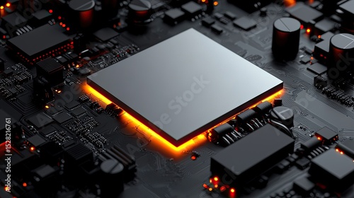 Close-up view of a glowing circuit board with a central processor.