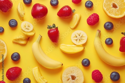 Vibrant display of assorted fruits for a fruitarian diet on a bright yellow background, Food products representing the fruitarian diet Fruitarianism