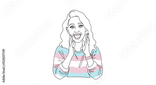 Proud transgender woman smiling joyfully in a colorful striped sweater