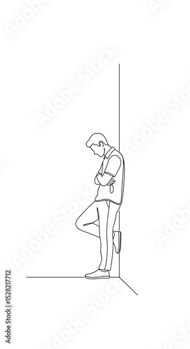 Man leaning against the wall feeling upset in a contemplative mood with a minimalist design
