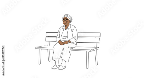 Elderly dark-skinned woman sitting on a bench in a thoughtful mood on a white background