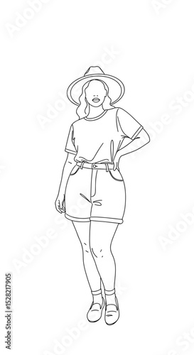 Calm woman with a curvy figure wearing a hat and casual summer outfit