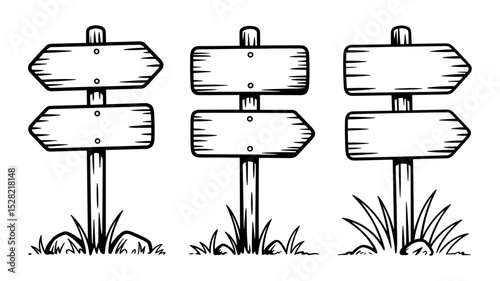 Blank Hand Drawn Vintage Wooden Signpost Arrow Set Vector Illustration for Hiking or Camping