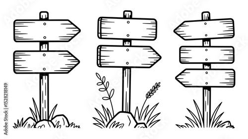 Blank Hand Drawn Vintage Wooden Signpost Arrow Set Vector Illustration for Hiking or Camping