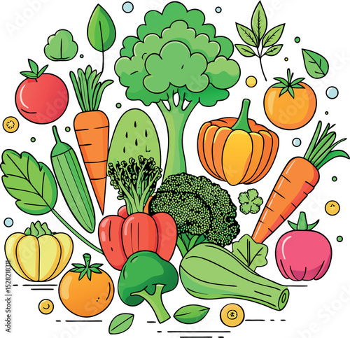 fresh vegetables including carrots, broccoli, and bell peppers, clean vector