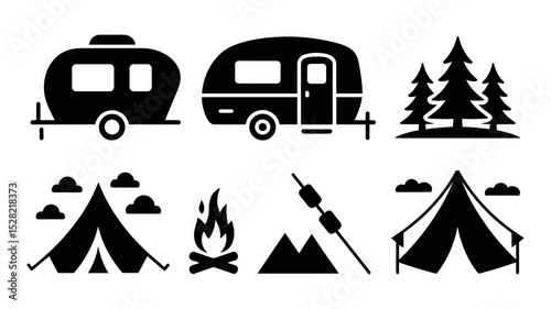 Camping and Travel Vector Icons Set – Tent, Caravan, Mountain, Trees, Fire, and More