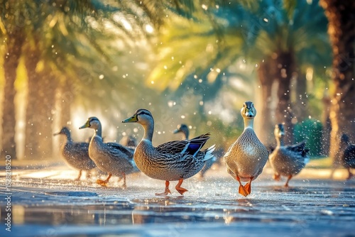 Flock of ducks waddling and splashing through a sunny park surrounded by palm trees, Flock of ducks walking and running across the park in Abu Dhabi, UAE under the water sprinklers