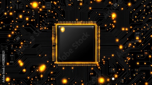 Close-up view of a circuit board with a highlighted central processor chip.