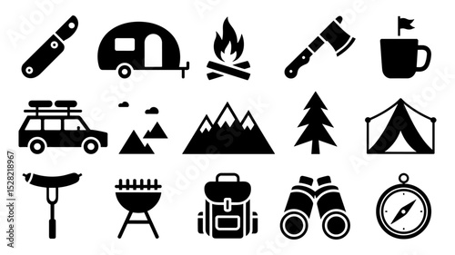 Camping and Outdoor Adventure Vector Icons for Hiking, Camping, and Exploration