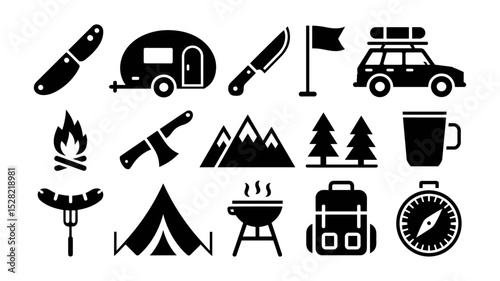 Camping and Outdoor Adventure Vector Icons for Hiking, Camping, and Exploration