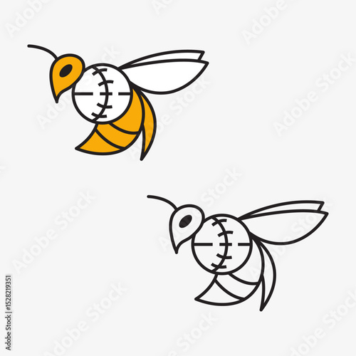 A cute cartoon bumblebee with black and yellow wings flies near a flower, smiling and collecting honey