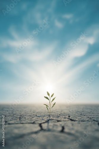 Green Plant Sprouting from Cracked Earth Beneath Rising Sunlight