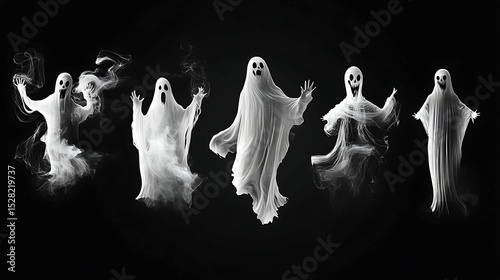 Set of realistic ghosts isolated on black. illustration of 3d symbols of Halloween.