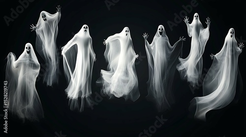 Set of realistic ghosts isolated on black. illustration of 3d symbols of Halloween.