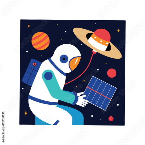 Astronaut Exploring Space Solar Panel Deployment in Cosmic Landscape