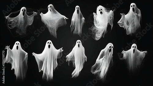 Set of realistic ghosts isolated on black. illustration of 3d symbols of Halloween.