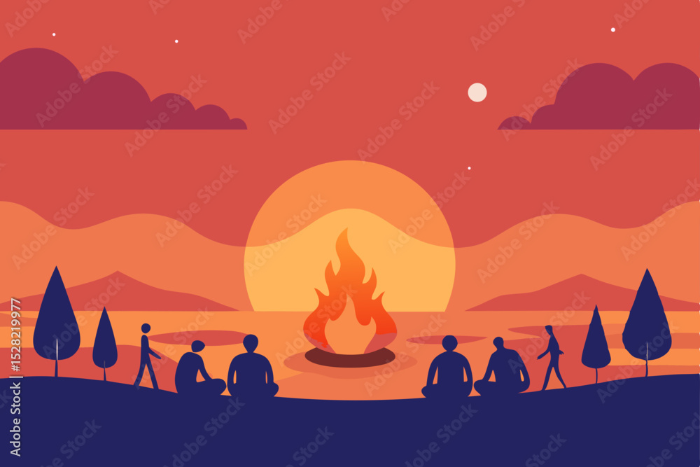 Fototapeta premium Sunset Campfire Gathering Silhouette Illustration of Friends Enjoying a Tranquil Evening by the Fire