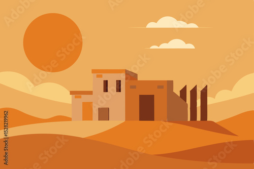 Desert Oasis A Flat Minimalist Illustration of a Desert House Under the Setting Sun