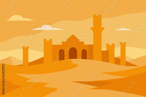 Desert Fortress Silhouette A Golden Sunset Landscape Illustration