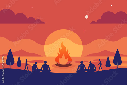 Sunset Campfire Gathering Silhouette Illustration of Friends Enjoying a Tranquil Evening by the Fire