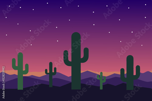 Desert Night Silhouette Cacti Under Starlit Sky