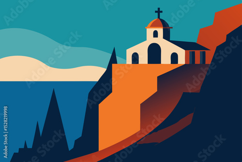Coastal Cliffside Chapel A Serene Illustration of Faith and Tranquility