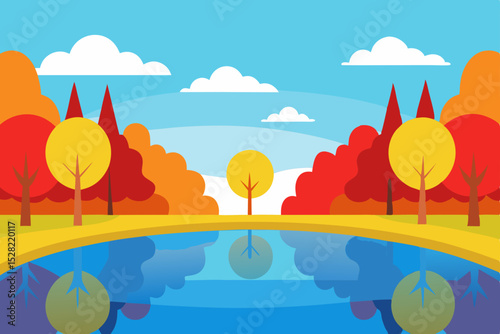 Autumn rural landscape with green trees, hills, and a clear sky with clouds