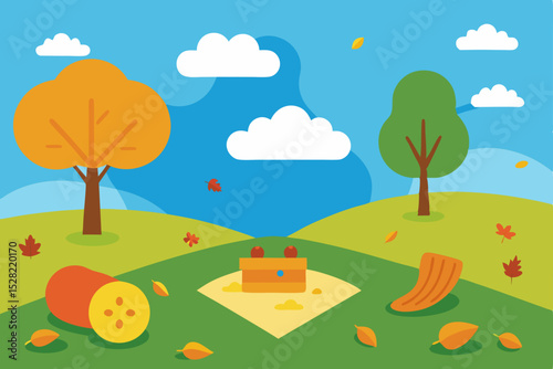 Autumn landscape with trees and colorful leaves under a vibrant sky, illustrating the serene beauty of nature's seasonal design