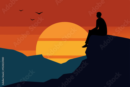 Sunset view of a man on the beach, a silhouette against the orange sky