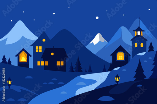 Christmas winter night landscape vector illustration of a cozy village house scene under a starlit sky with snow and trees