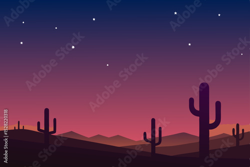 Saguaro cactus silhouettes under a moonlit desert sky at sunset, with distant mountains and stars