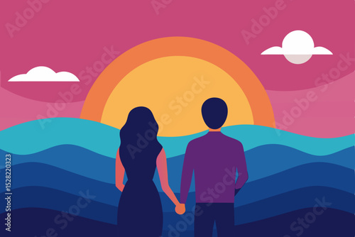 Sunset love on the beach, a romantic silhouette of a couple together